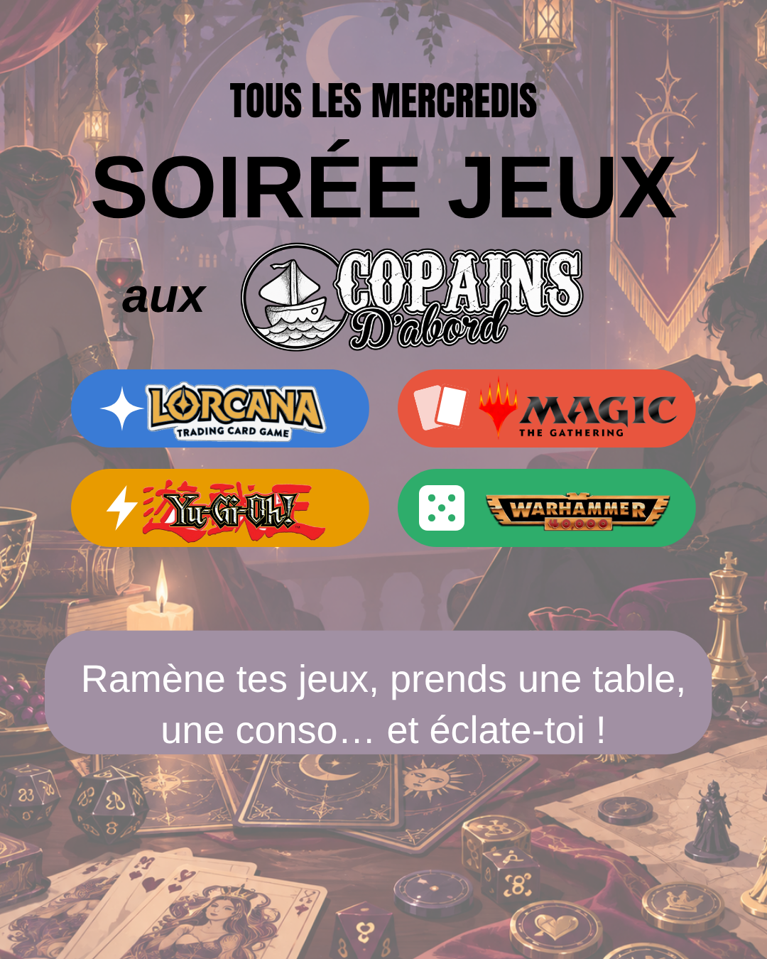 Affiche de la soirée jeux du mercredi aux Copains d'Abord